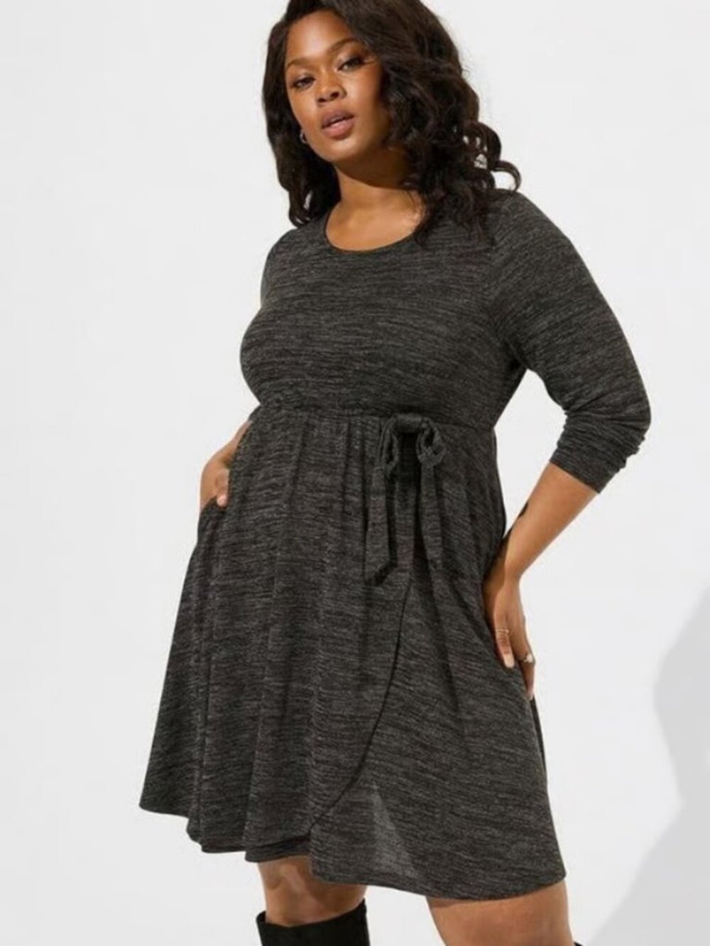 Torrid Super Soft dark gray hacci faux-wrap knit above knee mini dress 00 M/L 10